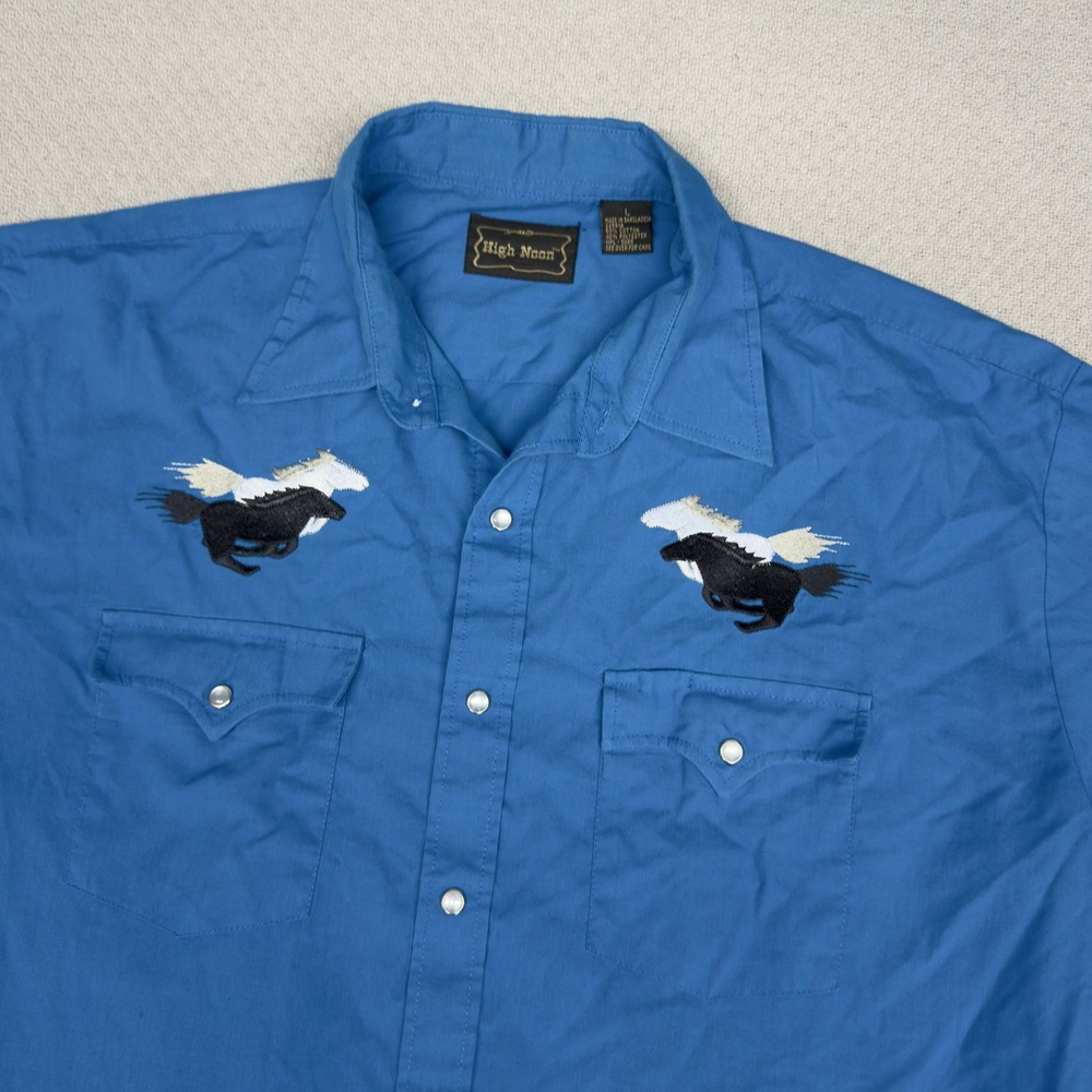 High Noon Pearl Snap Shirt Mens Large Blue Western Horses Gaucho Cowboy